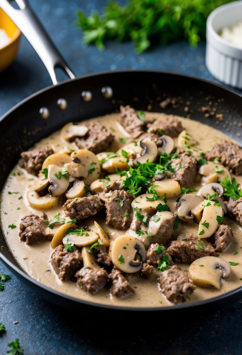 A sizzling skillet of beef stroganoff with tender strips of ground beef, creamy mushroom sauce, and a sprinkle of fresh herbs