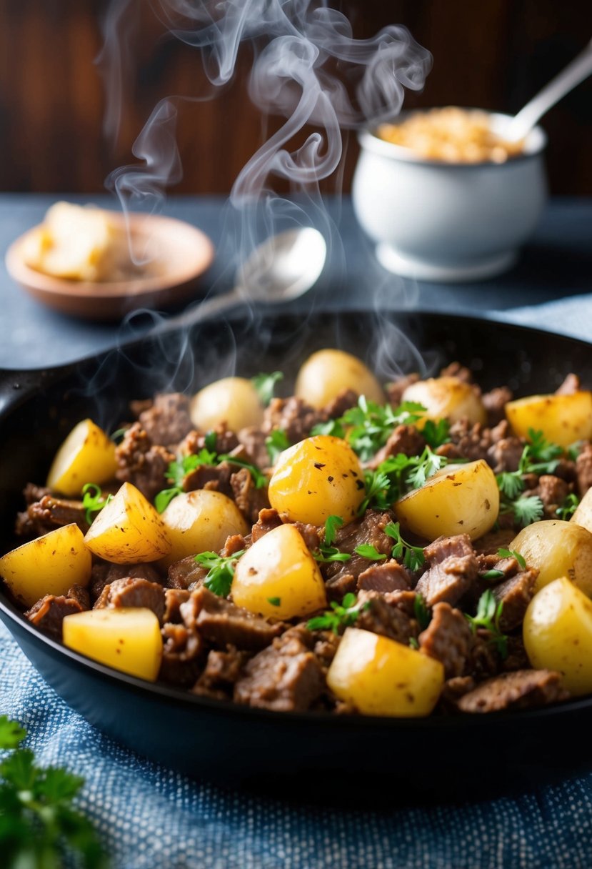 A sizzling skillet of beef and potato hash, with steam rising and savory aromas filling the air