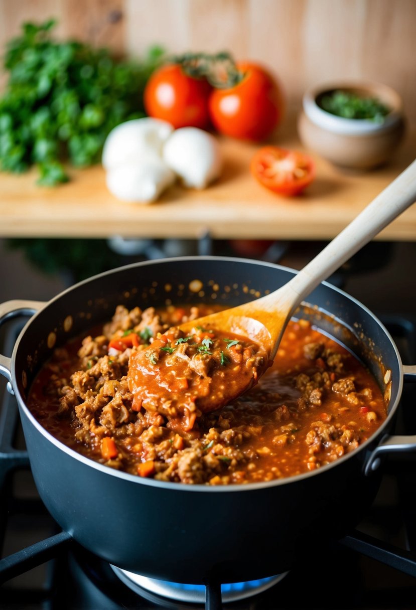 A pot simmering on the stove, filled with savory bolognese sauce made with ground beef, tomatoes, and herbs. On a wooden spoon, the rich sauce coats the back