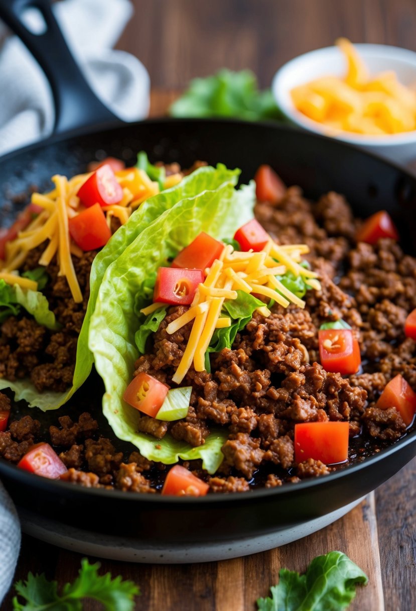 A sizzling skillet of seasoned ground beef with vibrant lettuce, diced tomatoes, and shredded cheese, all nestled in a crispy lettuce leaf taco shell