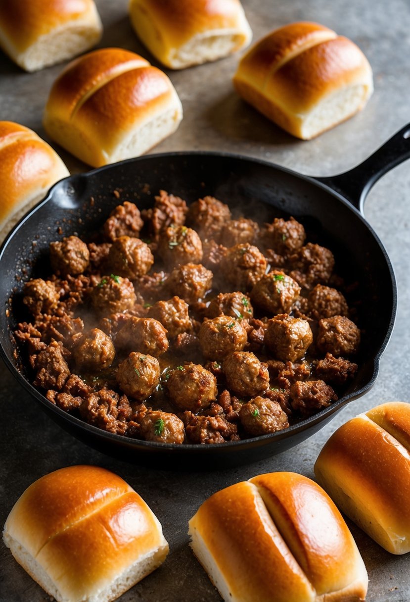 A sizzling skillet holds juicy ground beef, sizzling and browning. Freshly baked sub rolls await to be filled with the savory meatball mixture