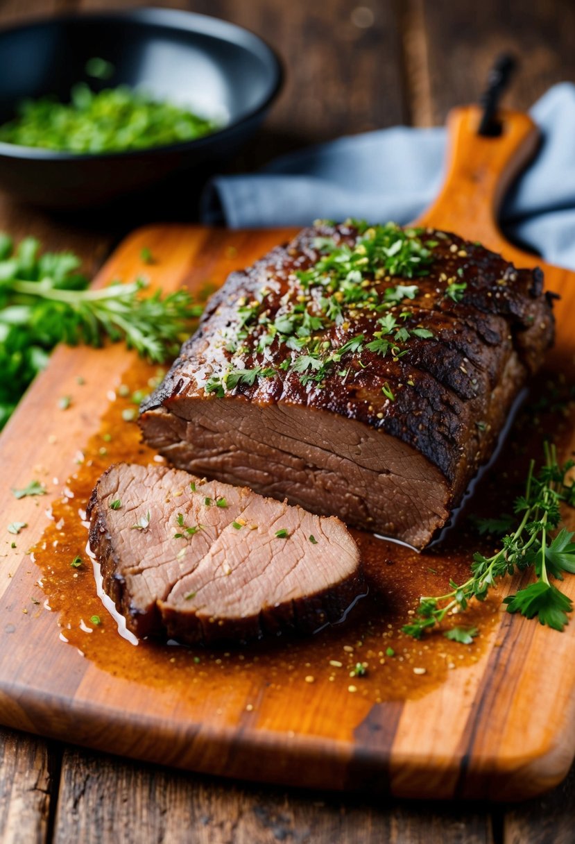 A sizzling beef brisket on a rustic wooden cutting board with a sprinkling of fresh herbs and spices