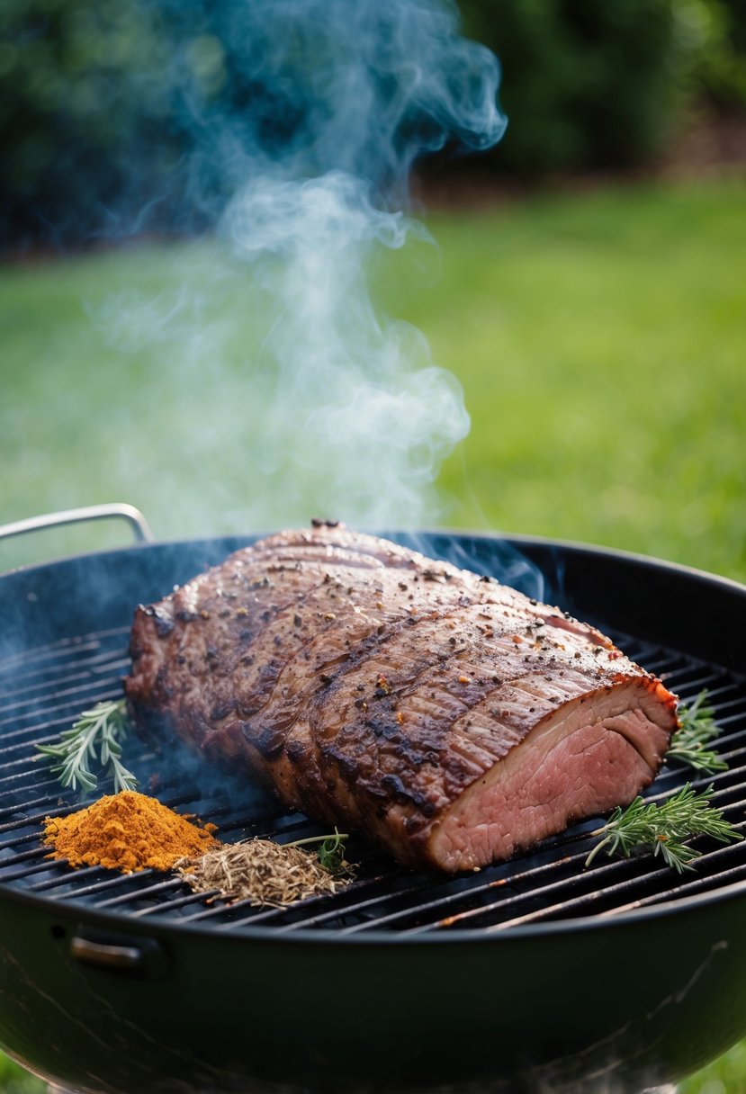 A large, juicy beef brisket slowly smokes on a grill, surrounded by aromatic herbs and spices