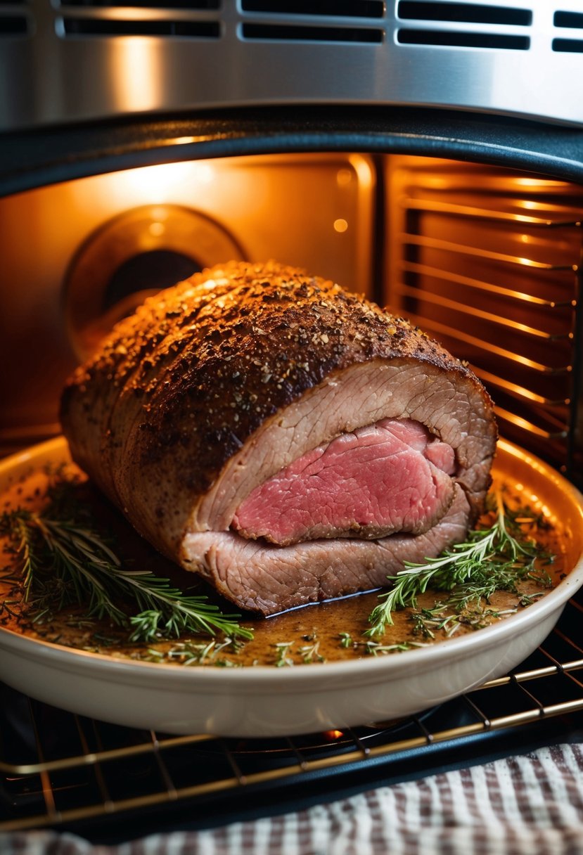 A whole beef brisket roasting in a classic oven, surrounded by aromatic herbs and spices, with a golden-brown crust forming on the outside