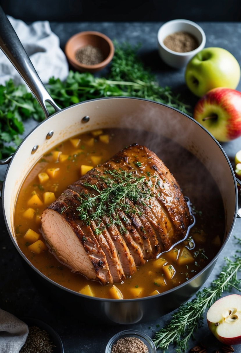 A large pot simmering with apple juice-braised brisket, surrounded by herbs and spices