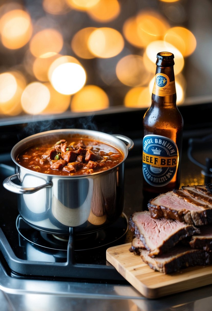 A pot of chili brisket simmers on a stovetop next to a bottle of beer and a pile of beef brisket