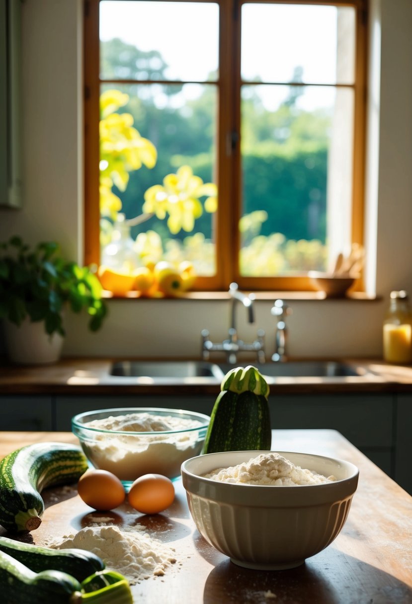 A rustic kitchen counter with fresh zucchinis, flour, eggs, and a mixing bowl. Sunlight streams through a window, casting warm shadows