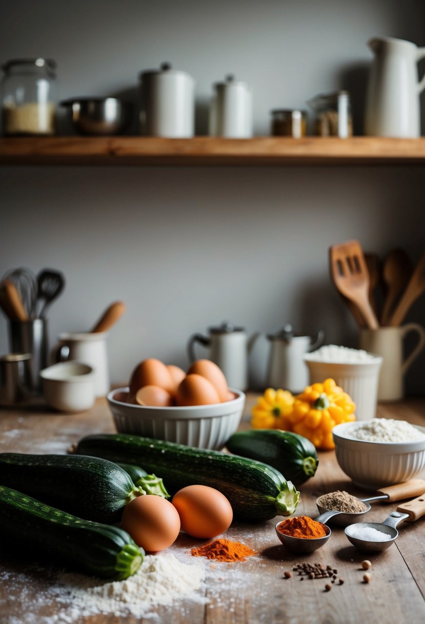 A rustic kitchen counter with fresh zucchinis, eggs, flour, and spices, surrounded by vintage baking utensils