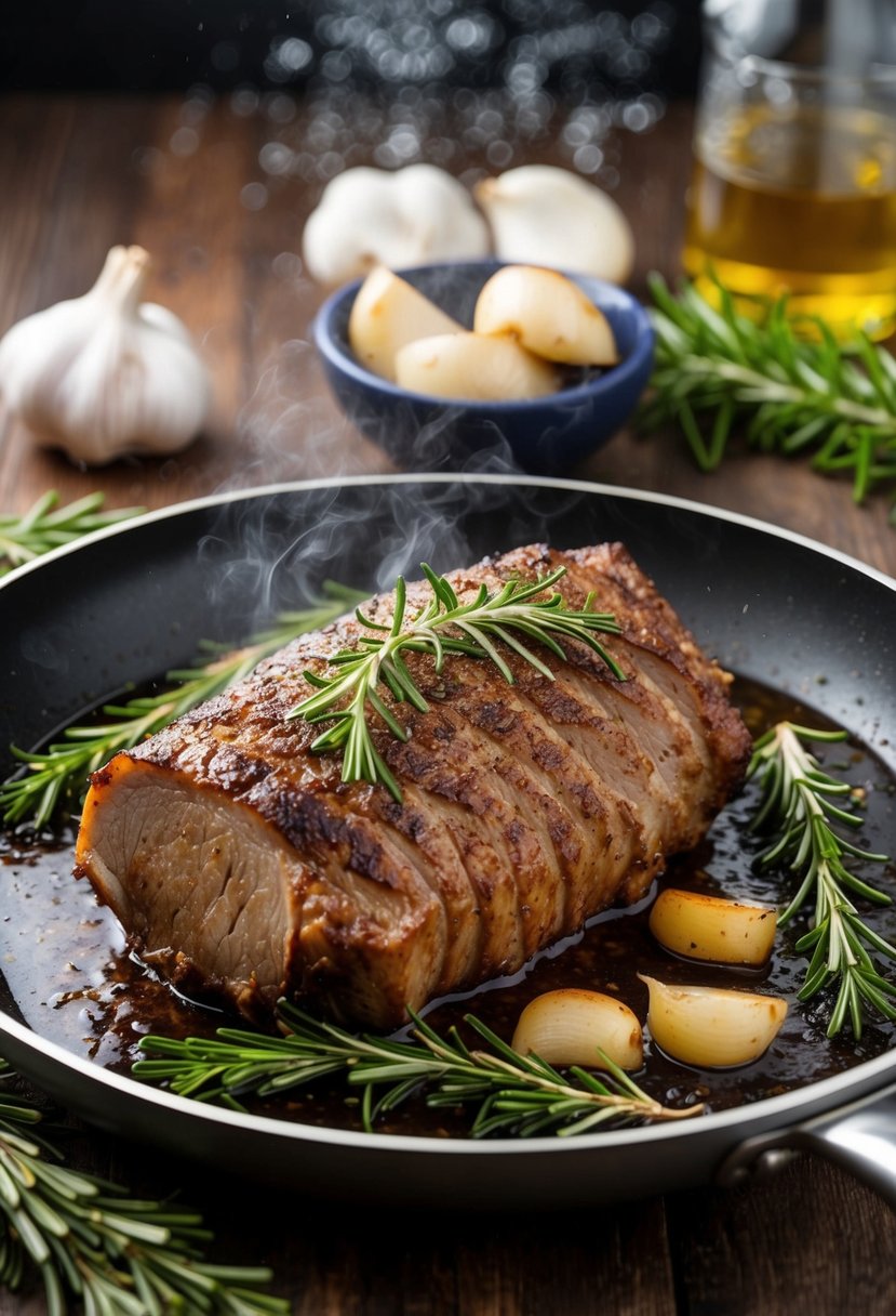 A sizzling brisket searing in a pan, surrounded by fresh rosemary and garlic cloves