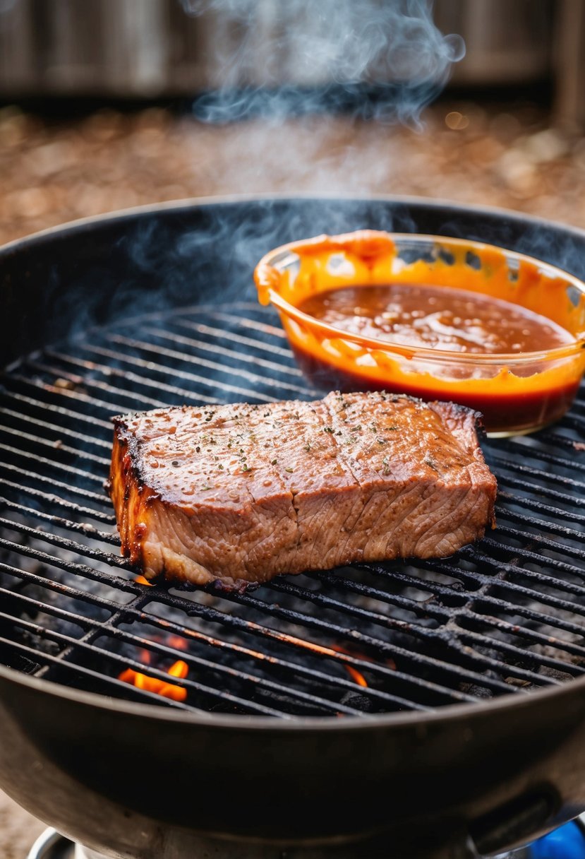 A sizzling beef brisket cooking on a smoky grill, surrounded by a Texas-style barbecue sauce, with a backdrop of a rustic outdoor setting