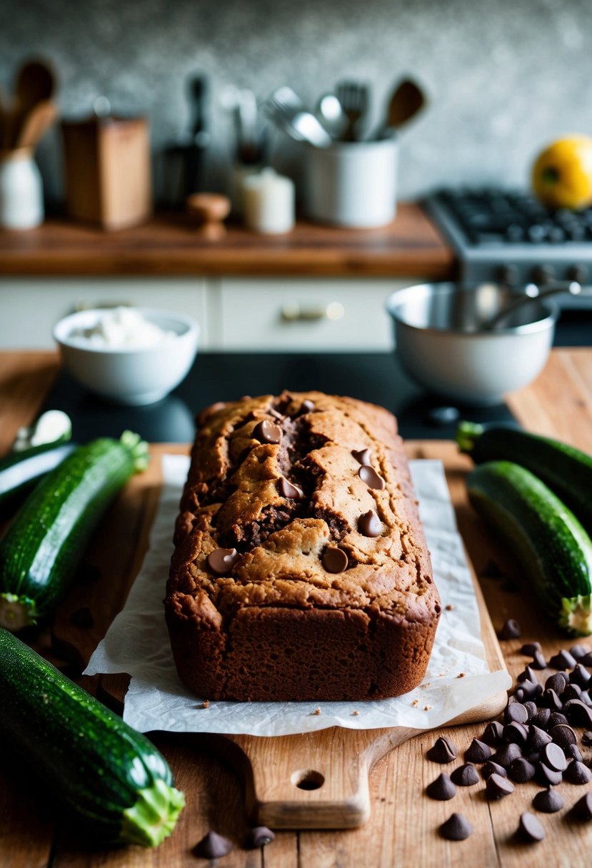 A rustic kitchen counter with a loaf of Chocolate Chip Zucchini Bread surrounded by fresh zucchinis, chocolate chips, and baking utensils