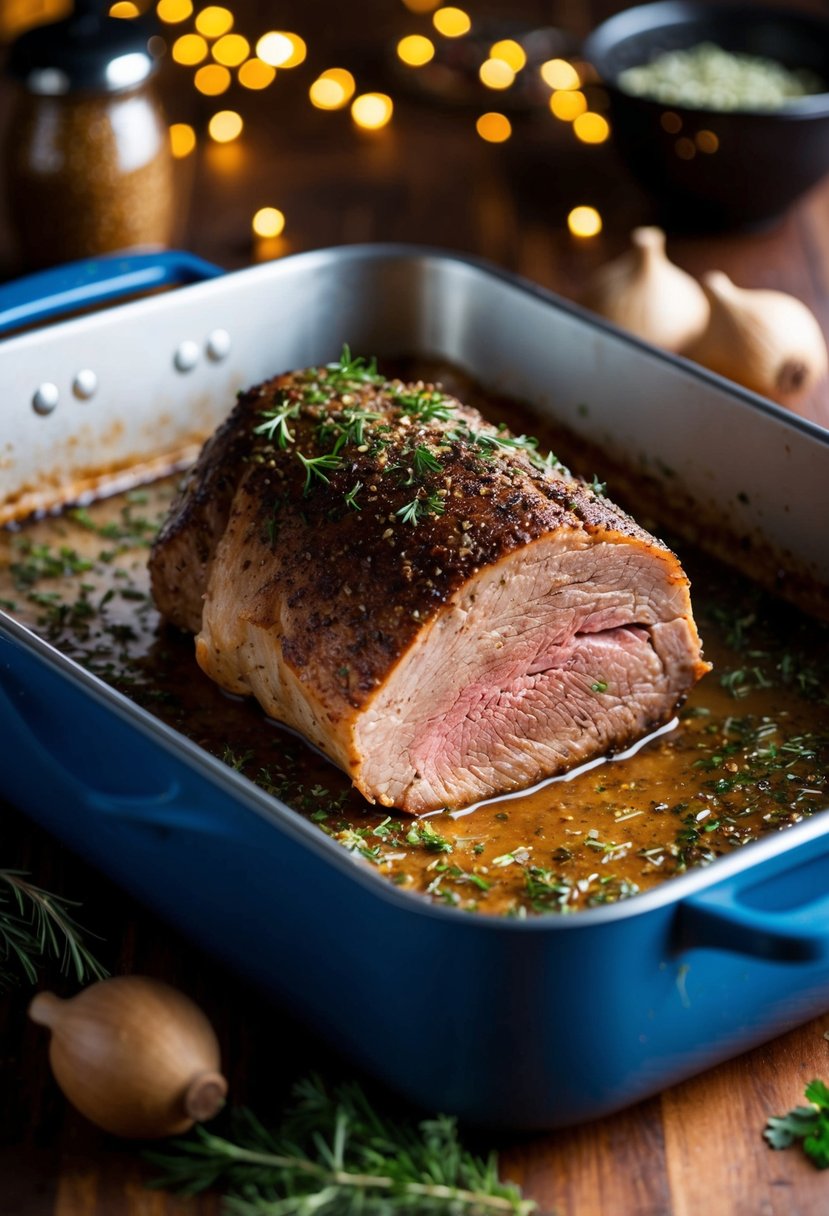 A juicy beef brisket baking in a roasting pan surrounded by herbs and spices