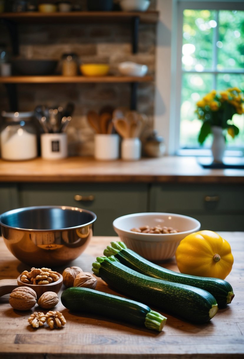 A rustic kitchen counter with fresh zucchinis, walnuts, and cinnamon laid out next to a mixing bowl and baking pans