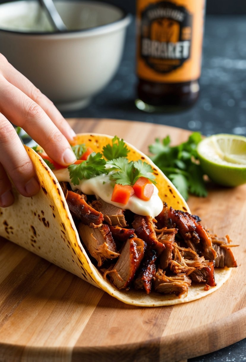 A sizzling BBQ brisket taco being assembled with fresh ingredients on a wooden cutting board