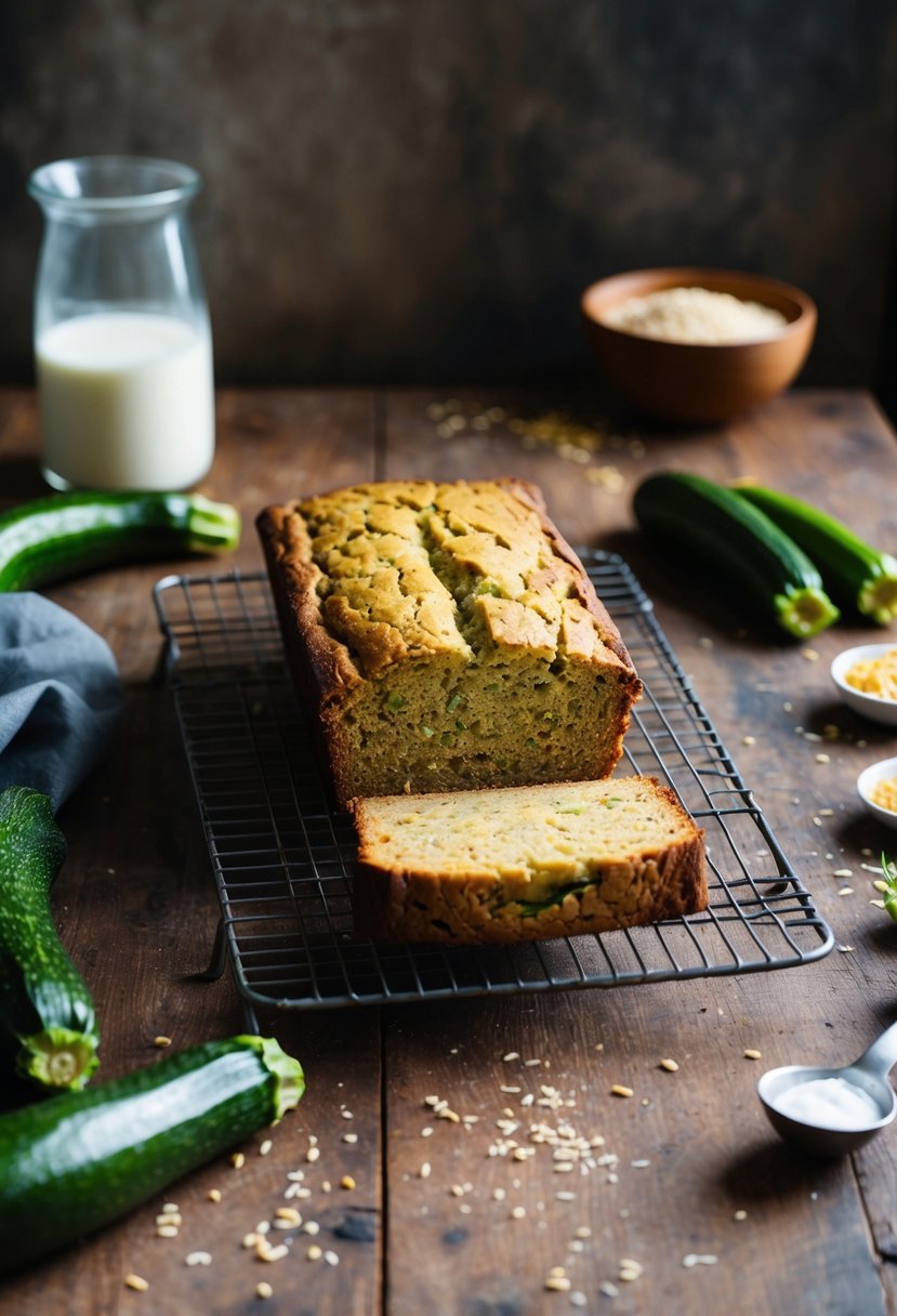 A rustic kitchen counter with freshly baked vegan zucchini bread cooling on a wire rack, surrounded by scattered zucchinis and baking ingredients