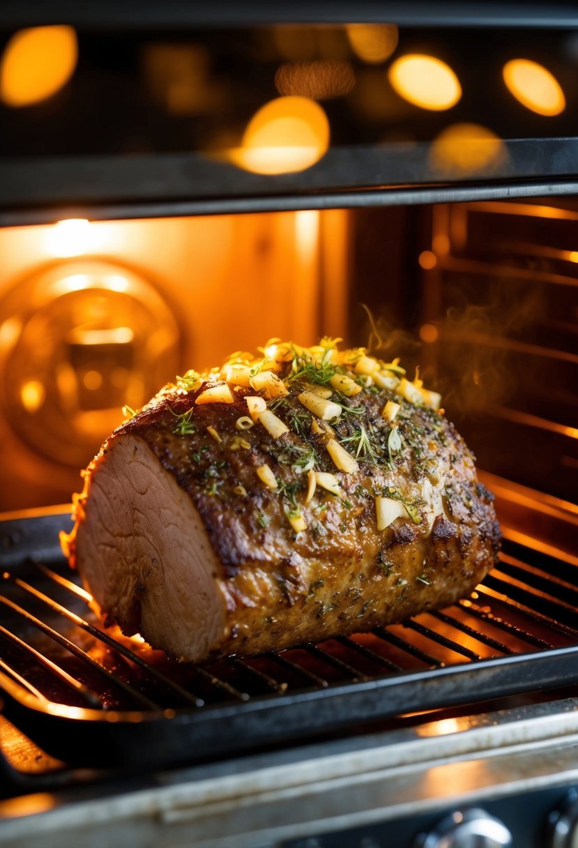 A sizzling brisket, coated in garlic and herbs, roasting in a hot oven