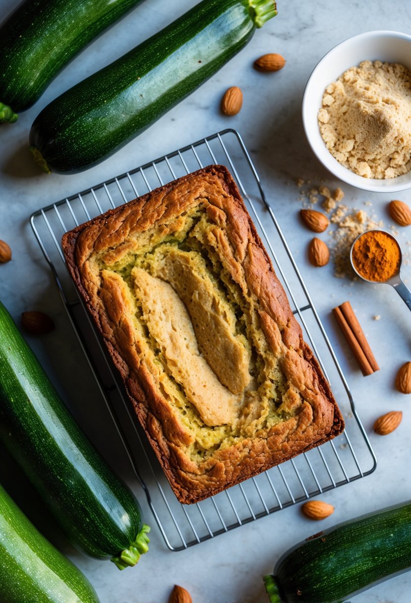 Freshly baked zucchini bread cooling on a wire rack, surrounded by vibrant green zucchinis and scattered ingredients like almond flour and cinnamon