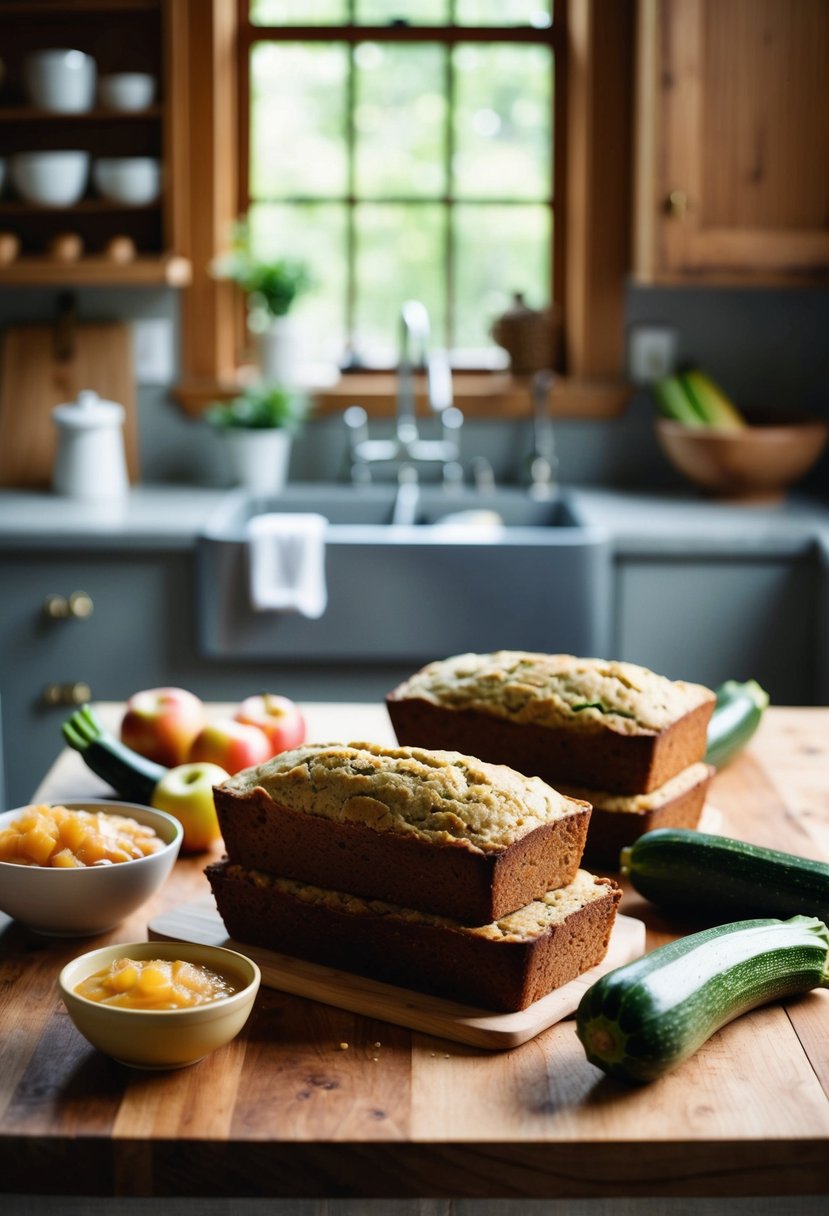 A rustic kitchen counter covered in freshly baked zucchini bread loaves, with a bowl of applesauce and a few whole zucchinis nearby