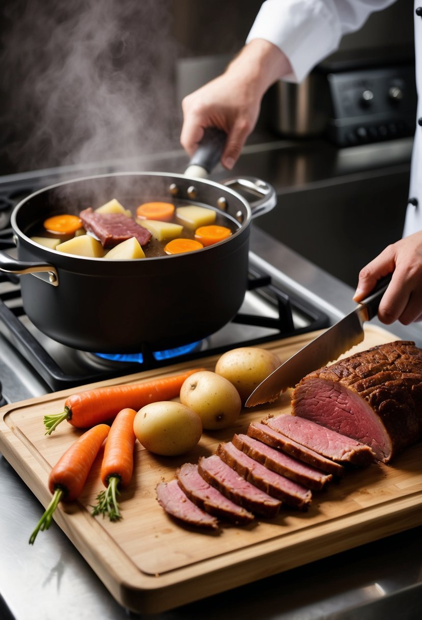 A pot simmering with corned beef, carrots, and potatoes on a stove. On a cutting board, a chef slices the meat