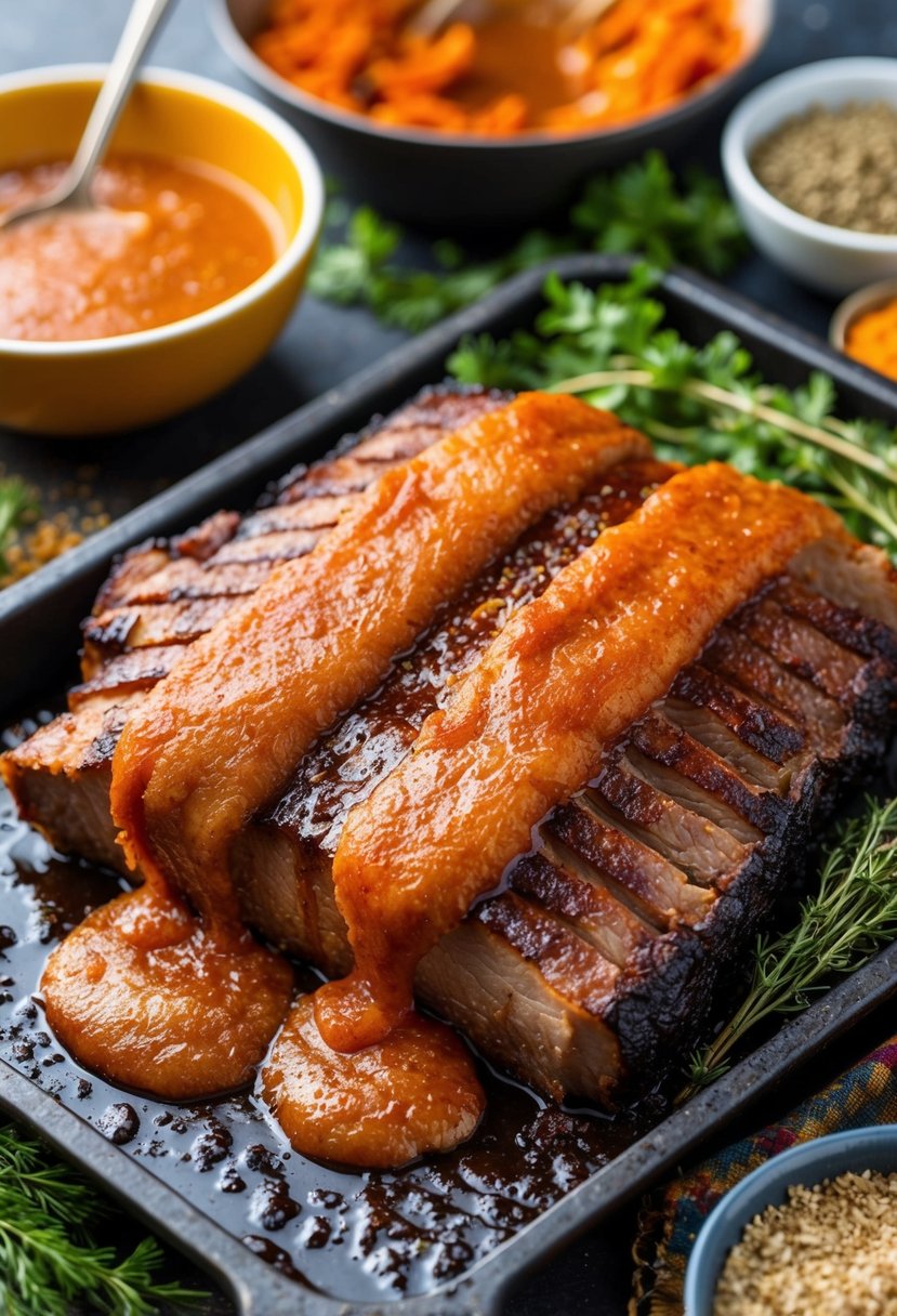 A sizzling brisket, glazed with a sticky sweet and spicy sauce, surrounded by a colorful array of herbs and spices