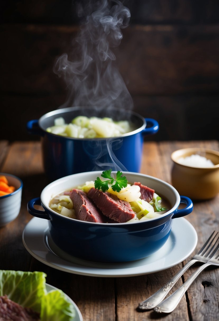 A steaming pot of corned beef and cabbage on a rustic wooden table