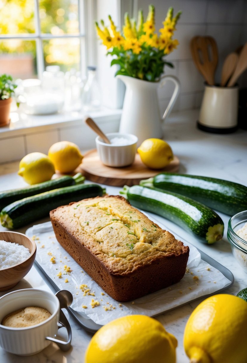 A sunny kitchen counter with fresh lemons, zucchinis, and a loaf of Lemon Zucchini Bread surrounded by baking utensils and ingredients