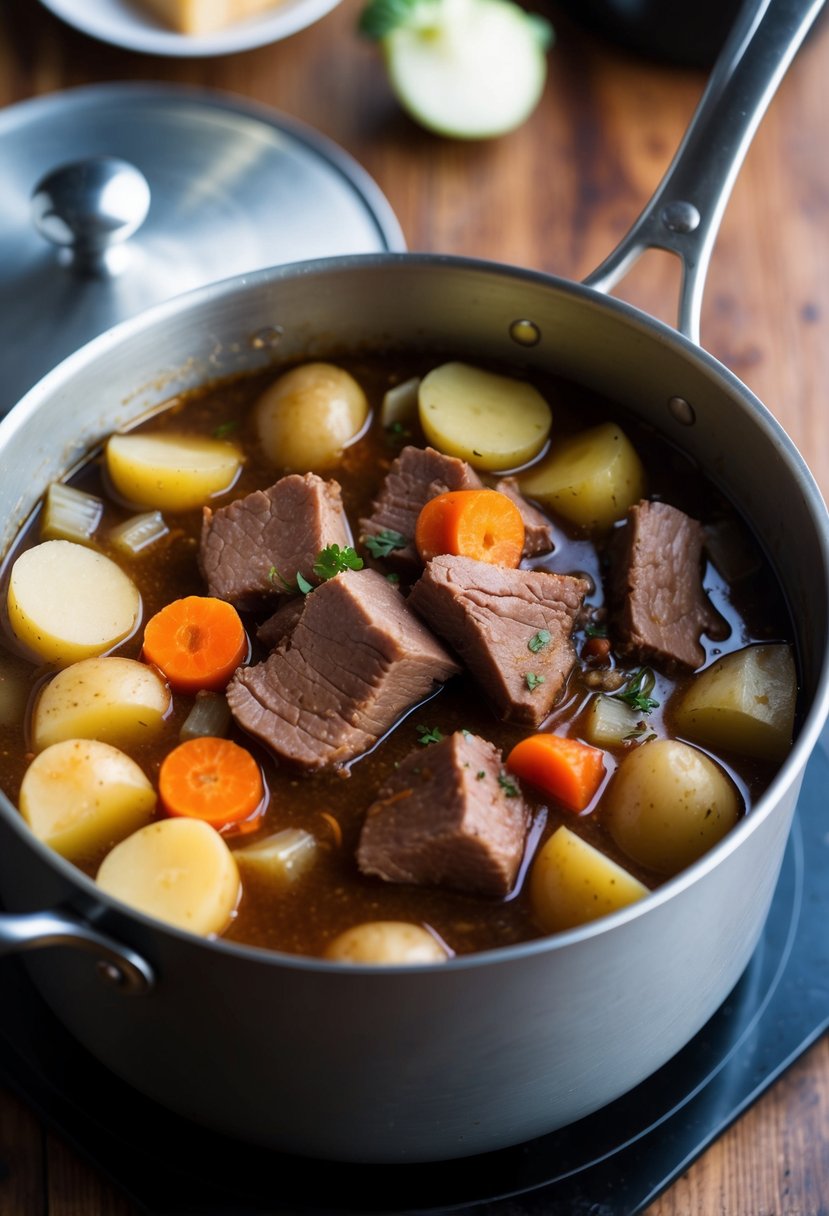 A large pot simmering with chunks of tender beef brisket, potatoes, carrots, and onions in a rich, savory broth