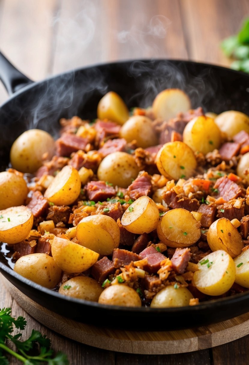 A sizzling skillet of golden-brown corned beef hash with crispy potatoes, steaming and ready to be served