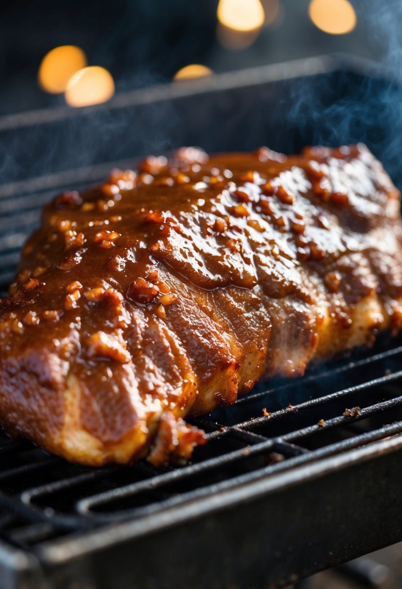 A succulent beef brisket, glistening with a rich brown sugar glaze, sizzling on a hot grill