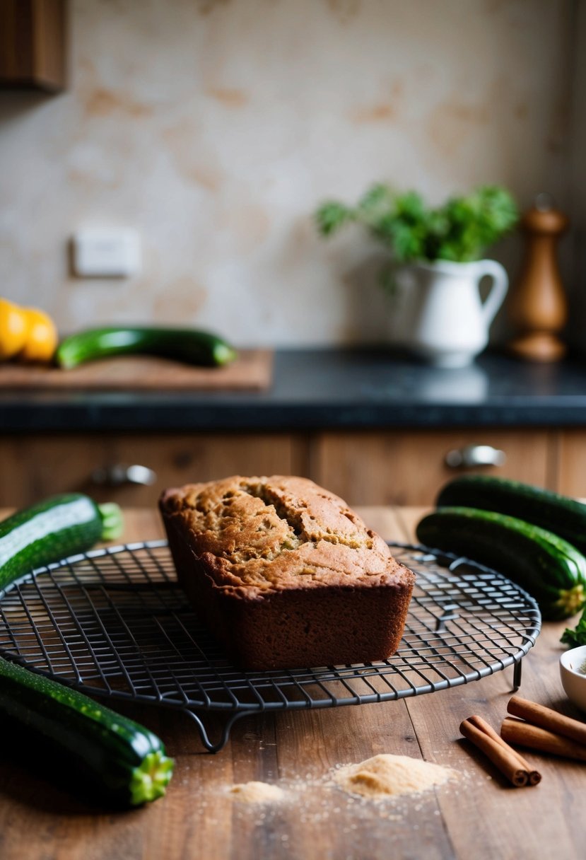 A rustic kitchen counter with a loaf of spiced zucchini bread cooling on a wire rack, surrounded by fresh zucchinis, cinnamon sticks, and nutmeg