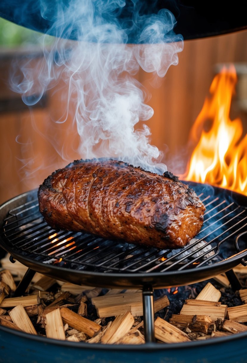 A large brisket smoking on a barbecue grill surrounded by hickory wood chips and emitting a fragrant cloud of smoke