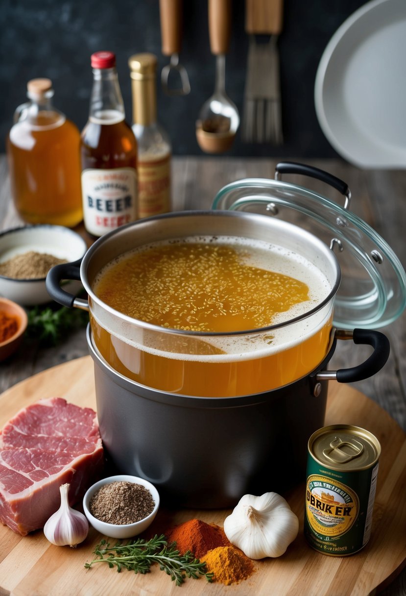 A large pot filled with beer brine, surrounded by ingredients like spices, garlic, and a raw corned beef brisket