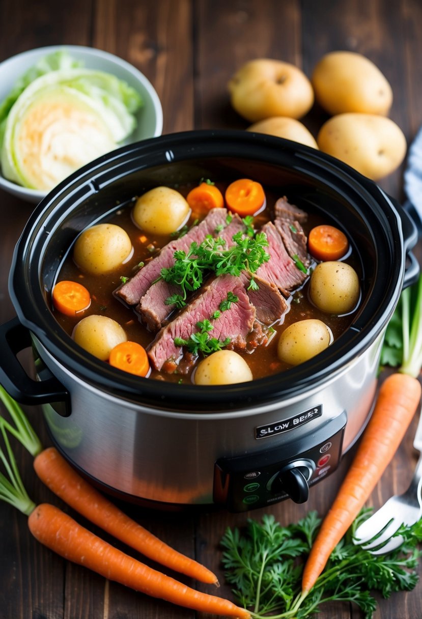 A slow cooker filled with simmering corned beef surrounded by potatoes, carrots, and cabbage