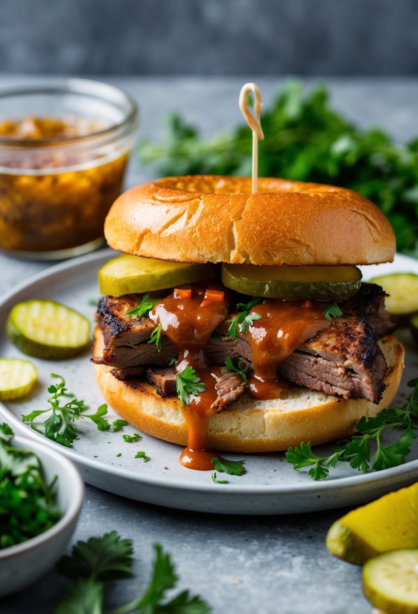 A sizzling brisket sandwich with tangy sauce on a toasted bun, surrounded by fresh herbs and pickles