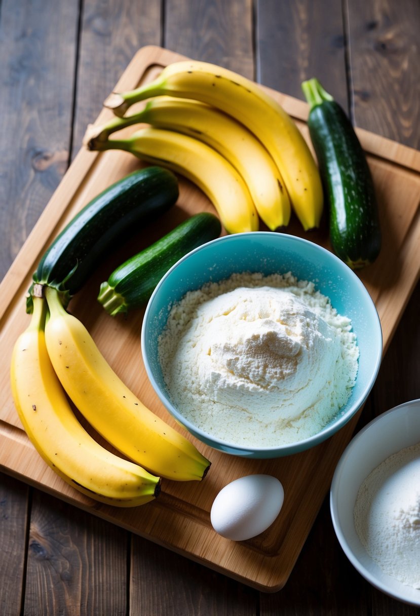 A wooden cutting board with ripe bananas, fresh zucchinis, and a mixing bowl filled with flour, eggs, and sugar