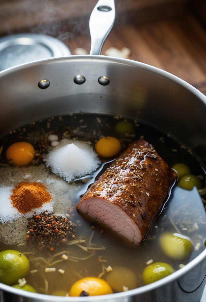 A large pot filled with brine ingredients: water, salt, sugar, pickling spices, and a brisket submerged in the mixture