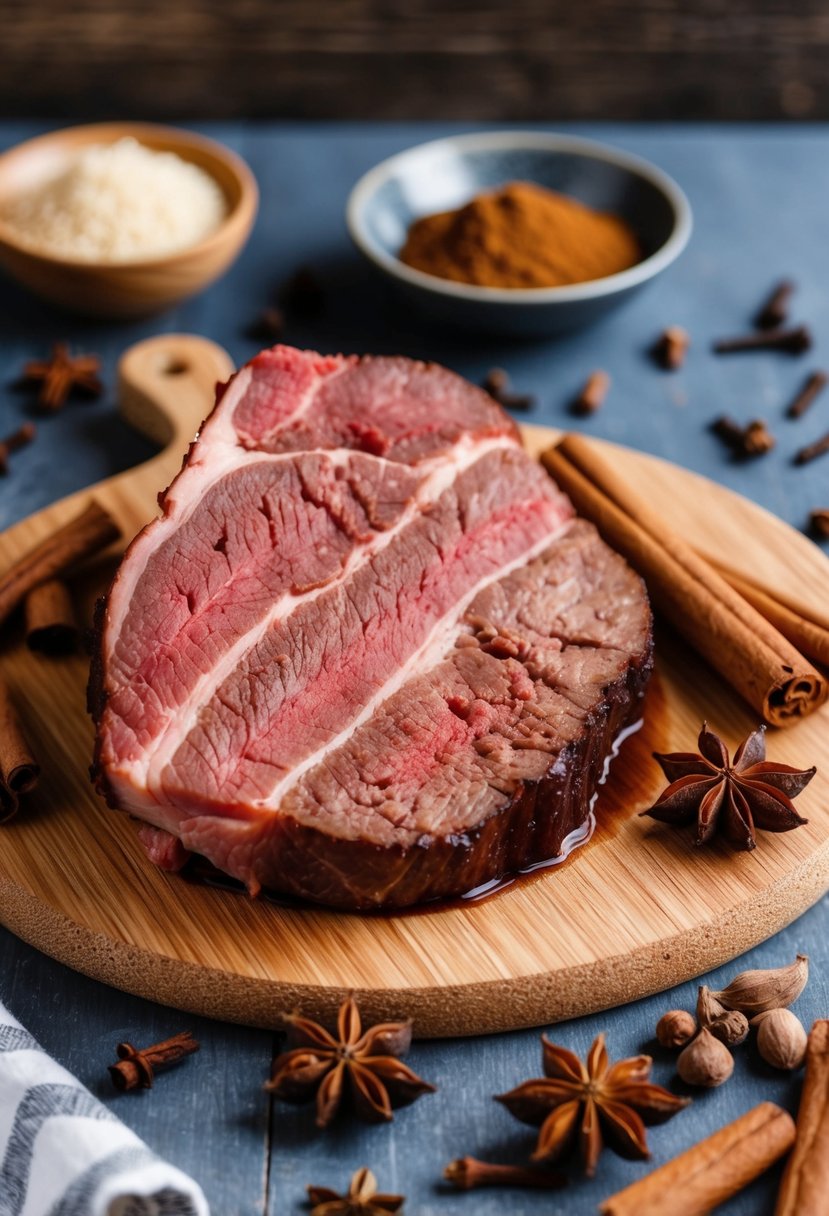 A beef brisket surrounded by aromatic spices, such as cloves, cinnamon, and star anise, on a wooden cutting board