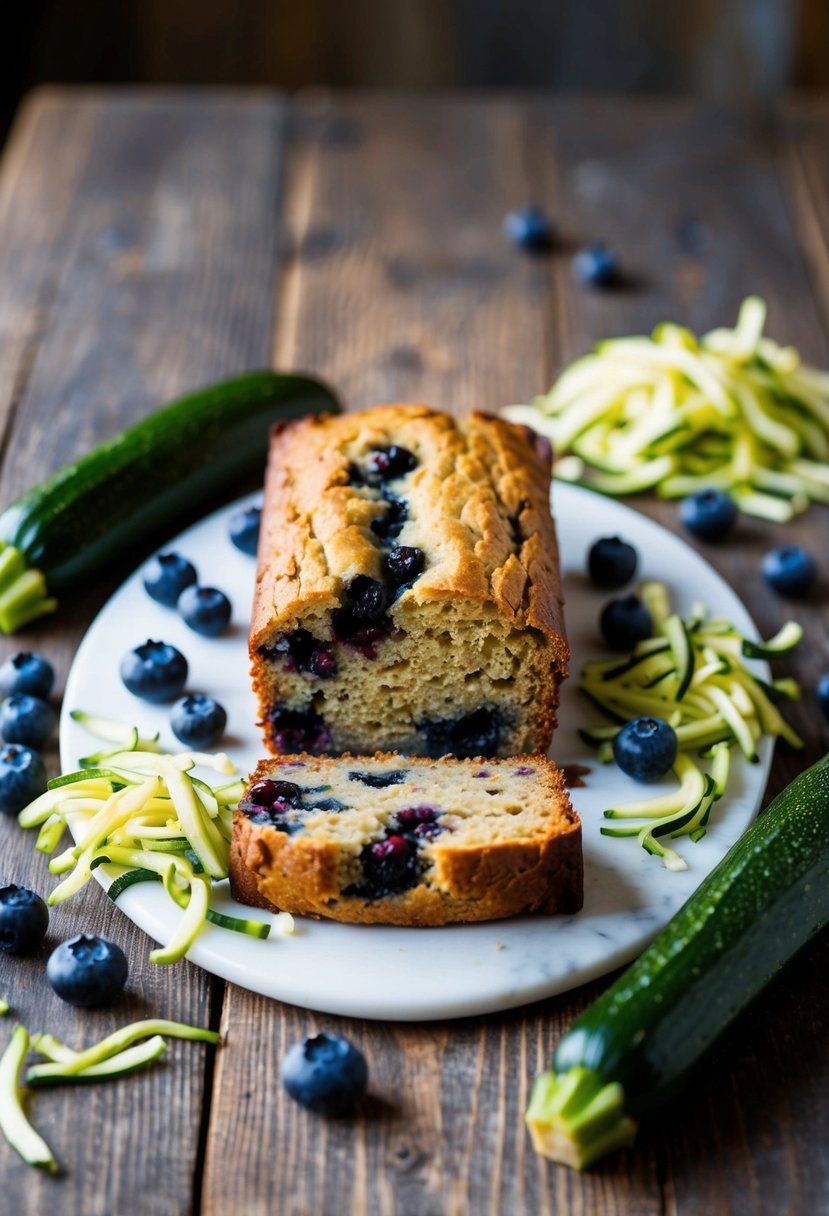 A rustic kitchen table with a loaf of Blueberry Zucchini Bread surrounded by fresh blueberries and shredded zucchini