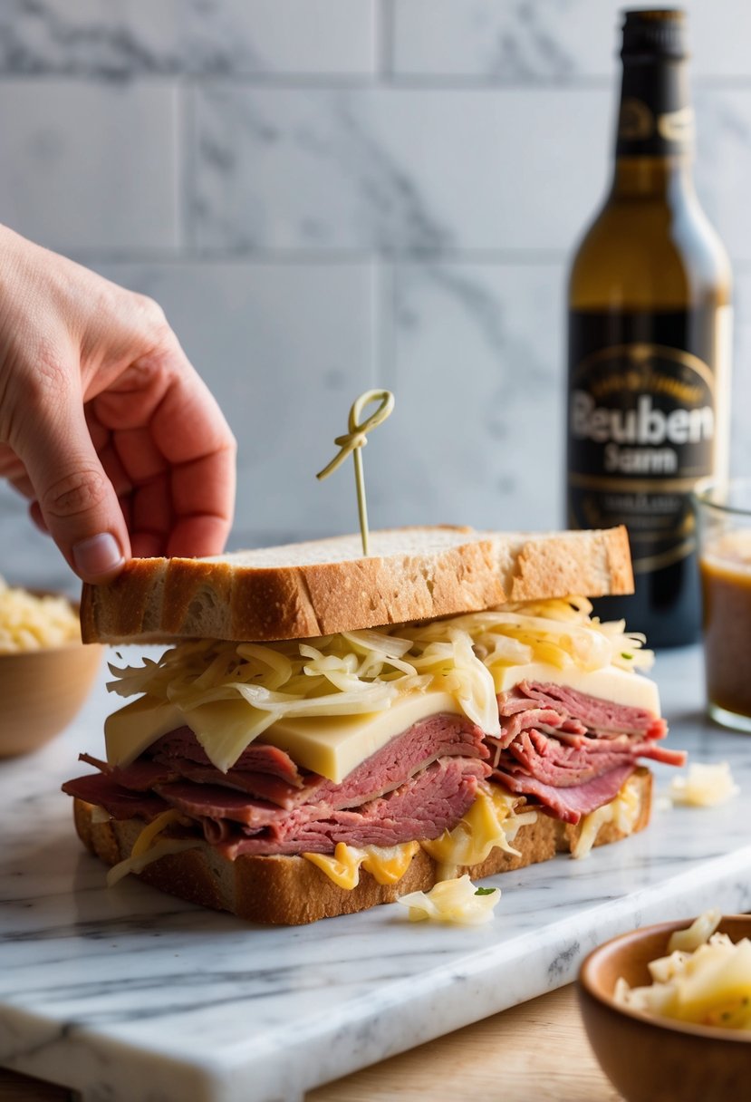 A mouthwatering Corned Beef Reuben Sandwich being assembled on a marble cutting board, with layers of corned beef, sauerkraut, Swiss cheese, and Russian dressing on rye bread