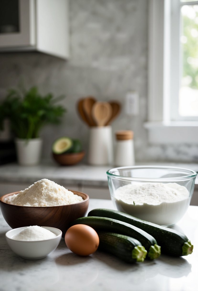 A kitchen counter with ingredients for Coconut Zucchini Bread: zucchinis, coconuts, flour, sugar, eggs, and a mixing bowl