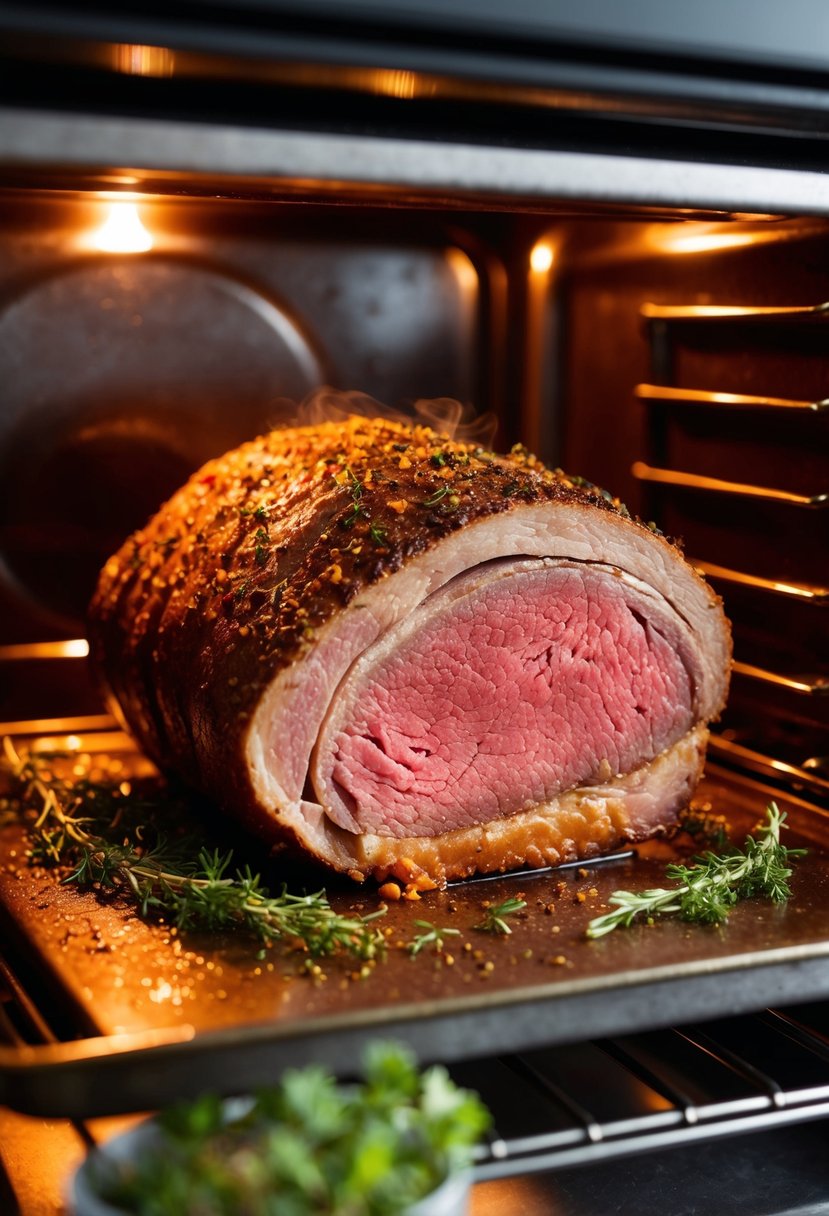 A sizzling corned beef brisket roasting in the oven, surrounded by aromatic herbs and spices