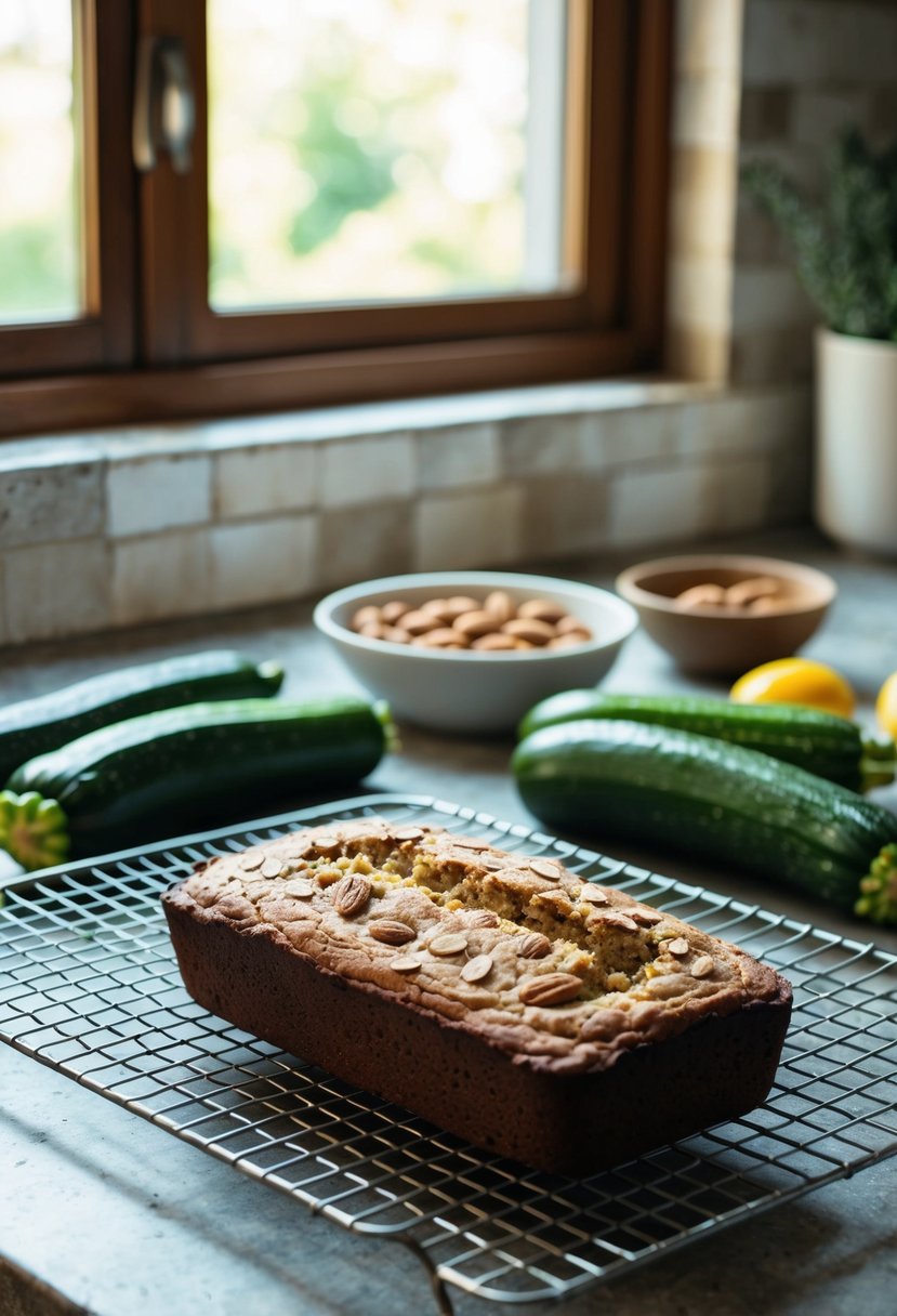 A rustic kitchen counter with fresh zucchinis, almonds, and a loaf of almond zucchini bread cooling on a wire rack