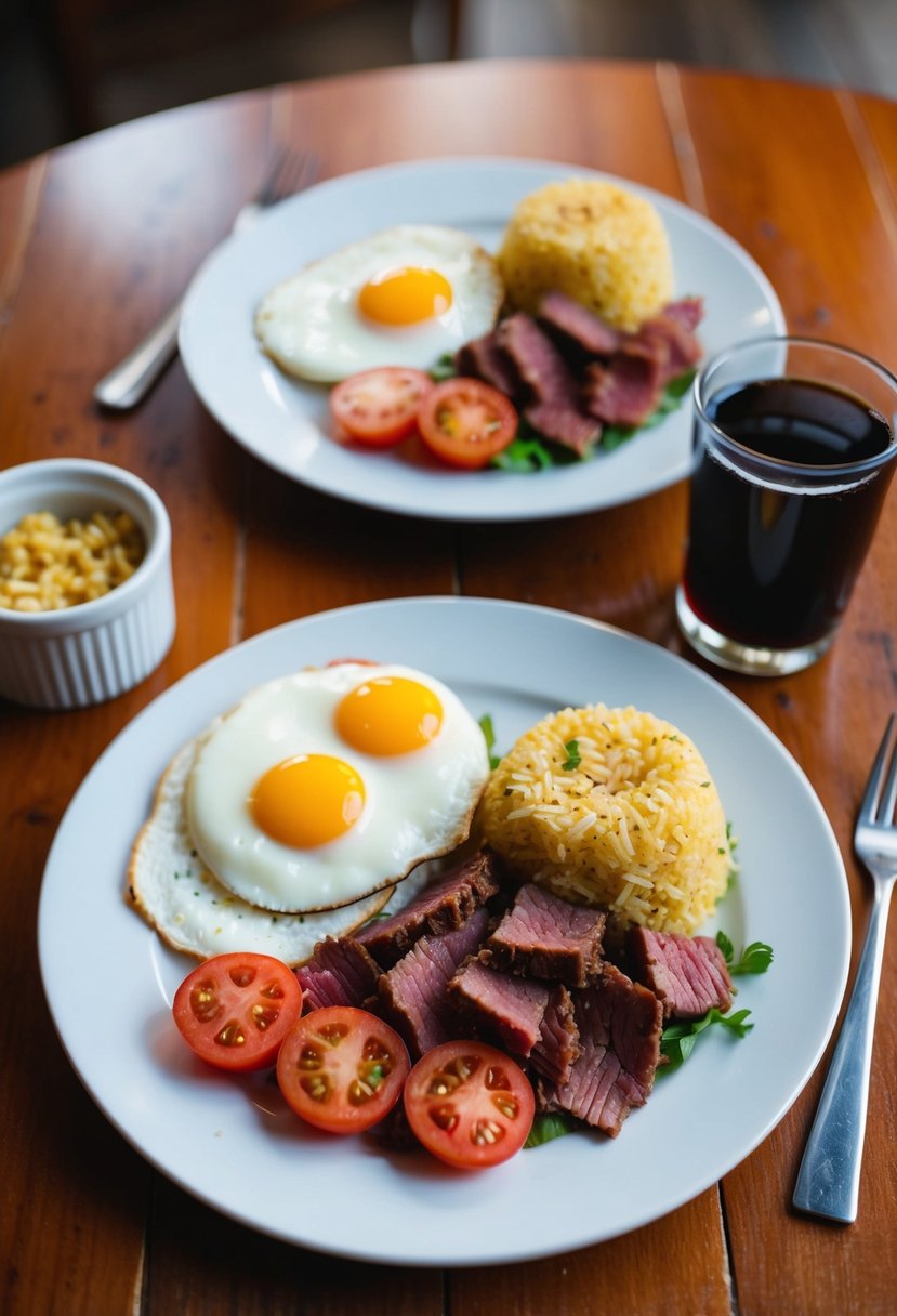 A plate of Corned Beef Silog with garlic rice, fried egg, and sliced tomatoes on a wooden table