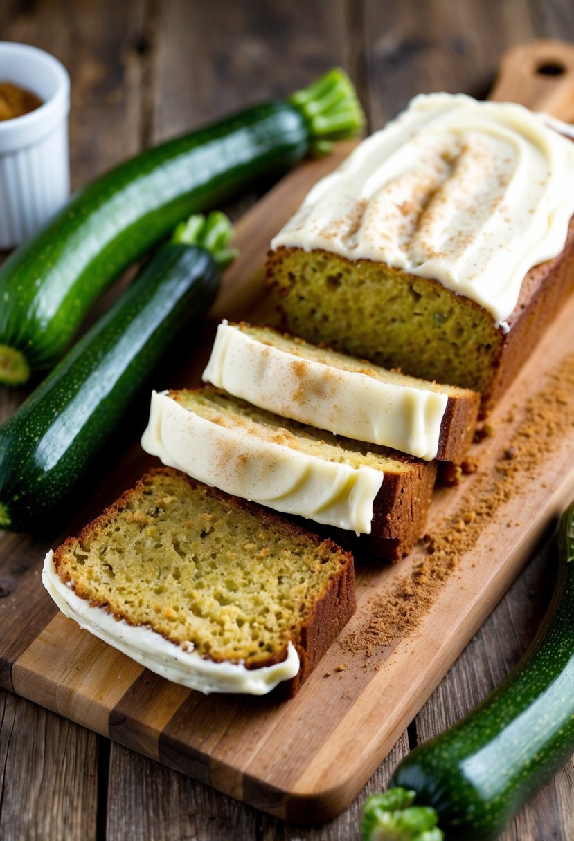 A freshly baked loaf of zucchini bread with cream cheese frosting sits on a rustic wooden cutting board, surrounded by fresh zucchinis and a sprinkle of cinnamon