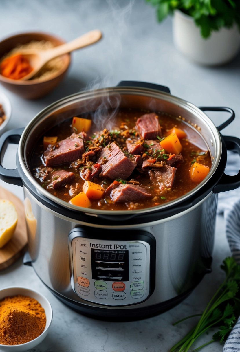 A bubbling Instant Pot filled with savory corned beef and aromatic spices