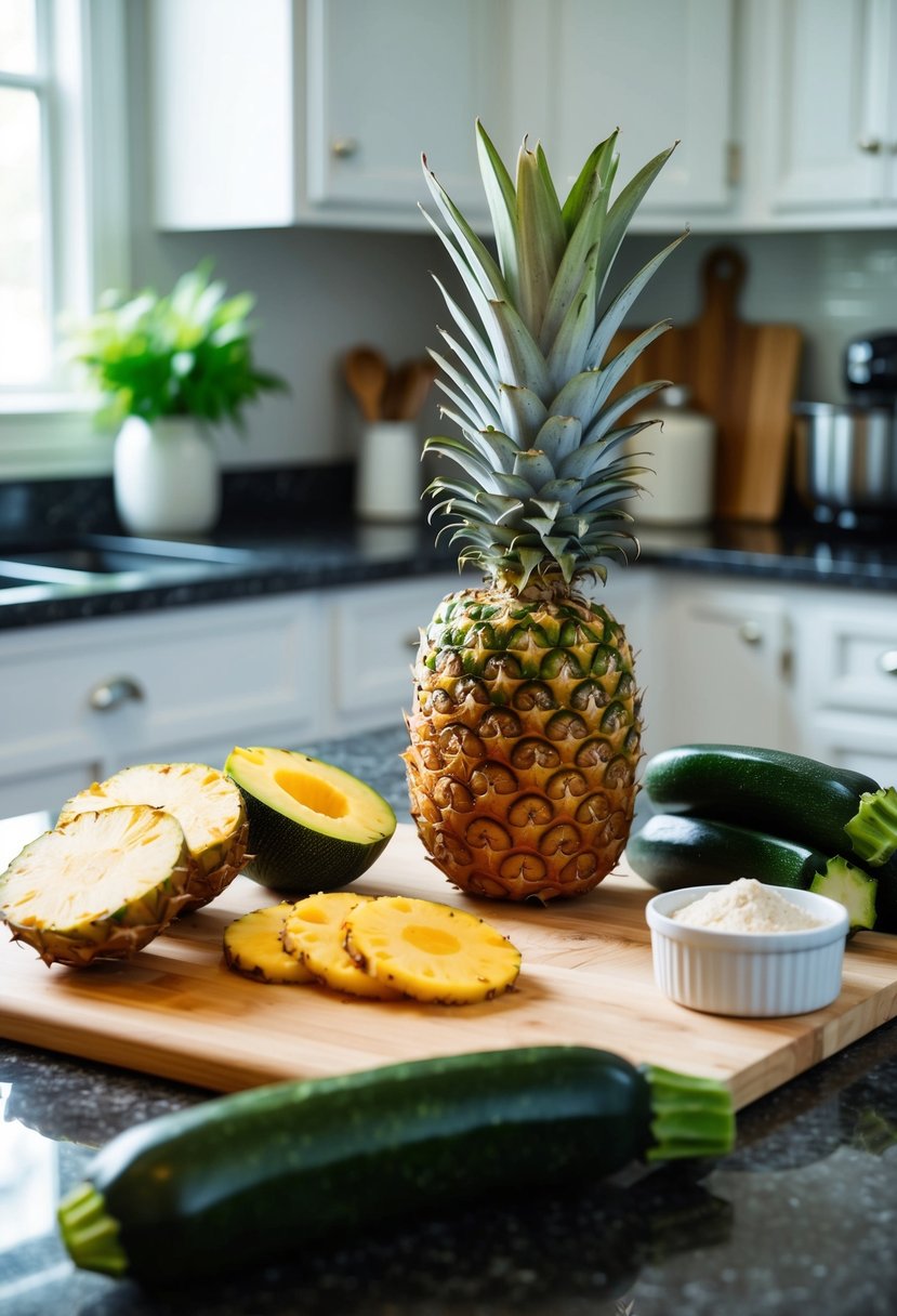 A kitchen counter with a cutting board, fresh pineapples, zucchinis, and baking ingredients