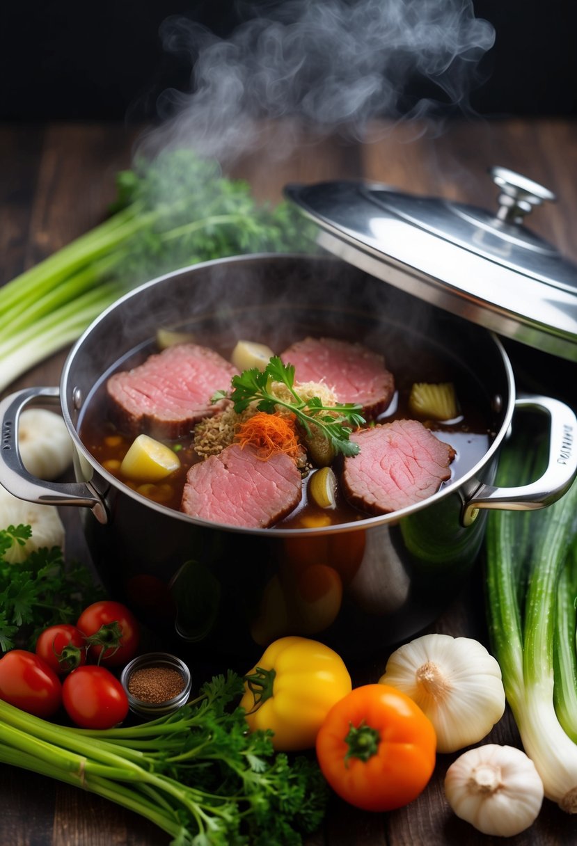 A steaming pot of kosher-style corned beef surrounded by pickling spices and fresh vegetables