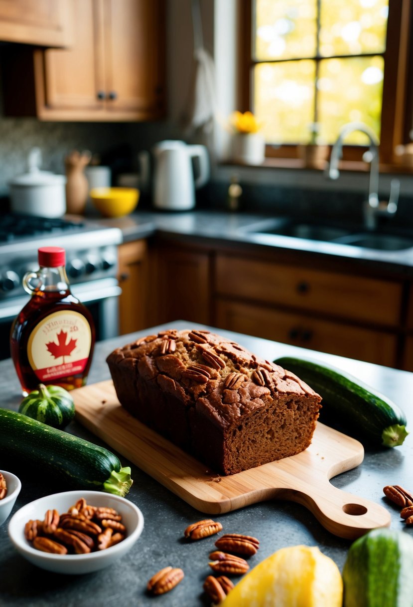 A rustic kitchen counter with a loaf of Maple Pecan Zucchini Bread surrounded by fresh zucchinis, pecans, and a jar of maple syrup