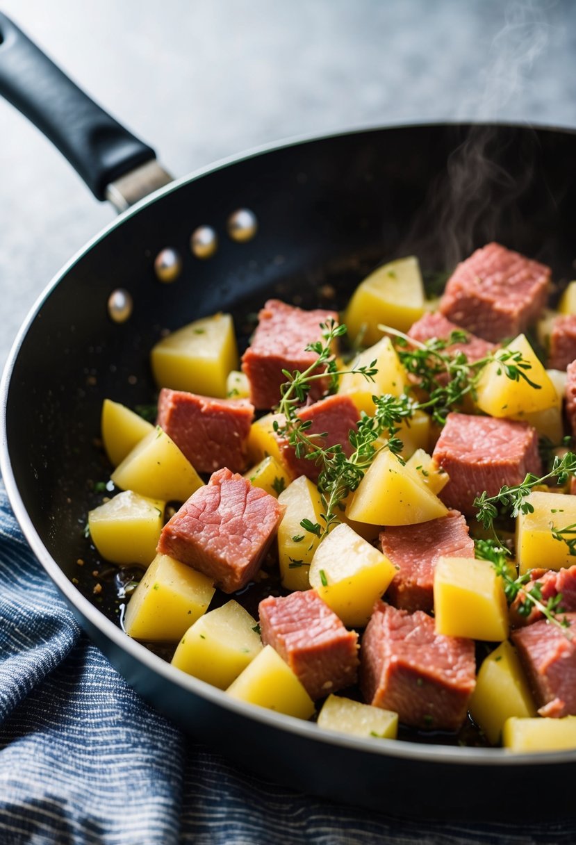 A sizzling skillet with chunks of corned beef, diced potatoes, and aromatic herbs cooking together