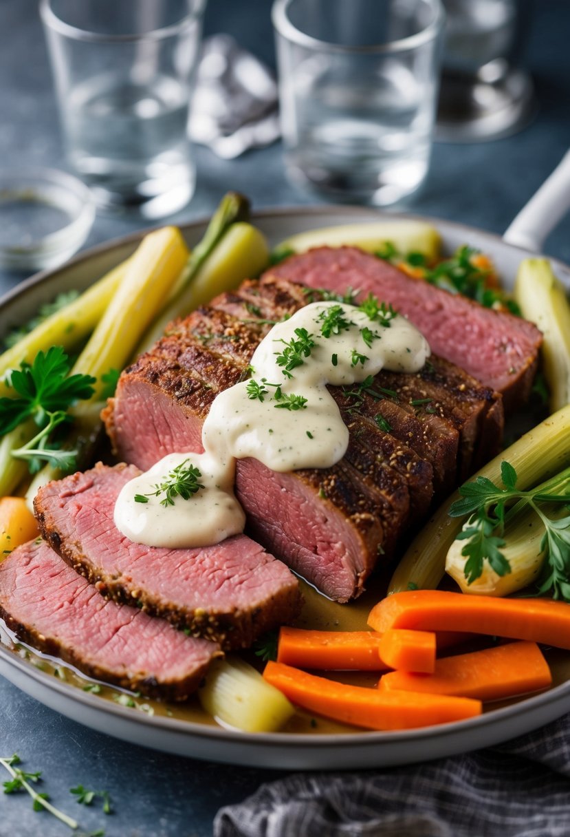 A platter of baked corned beef with horseradish sauce, surrounded by steamed vegetables and garnished with fresh herbs